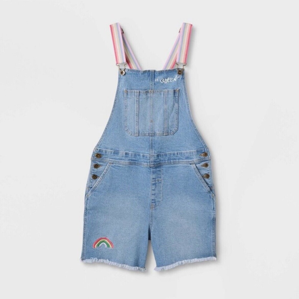 Blue denim overalls with rainbow straps and embroidery